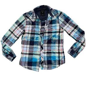 Guess Mens Acid Wash Plaid Button Down Top